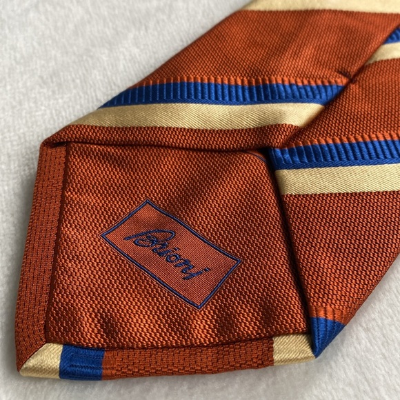 Brioni Diagonal Striped Silk Neck Tie (Orange/Blue/Ivory) - Picture 3 of 14